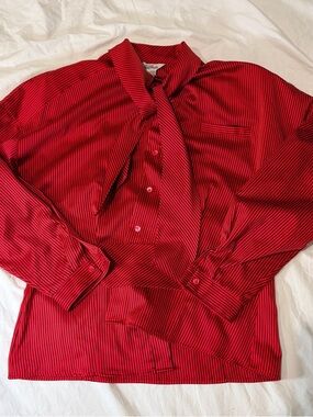 Vintage Women's Red Striped Tie-Neck Blouse